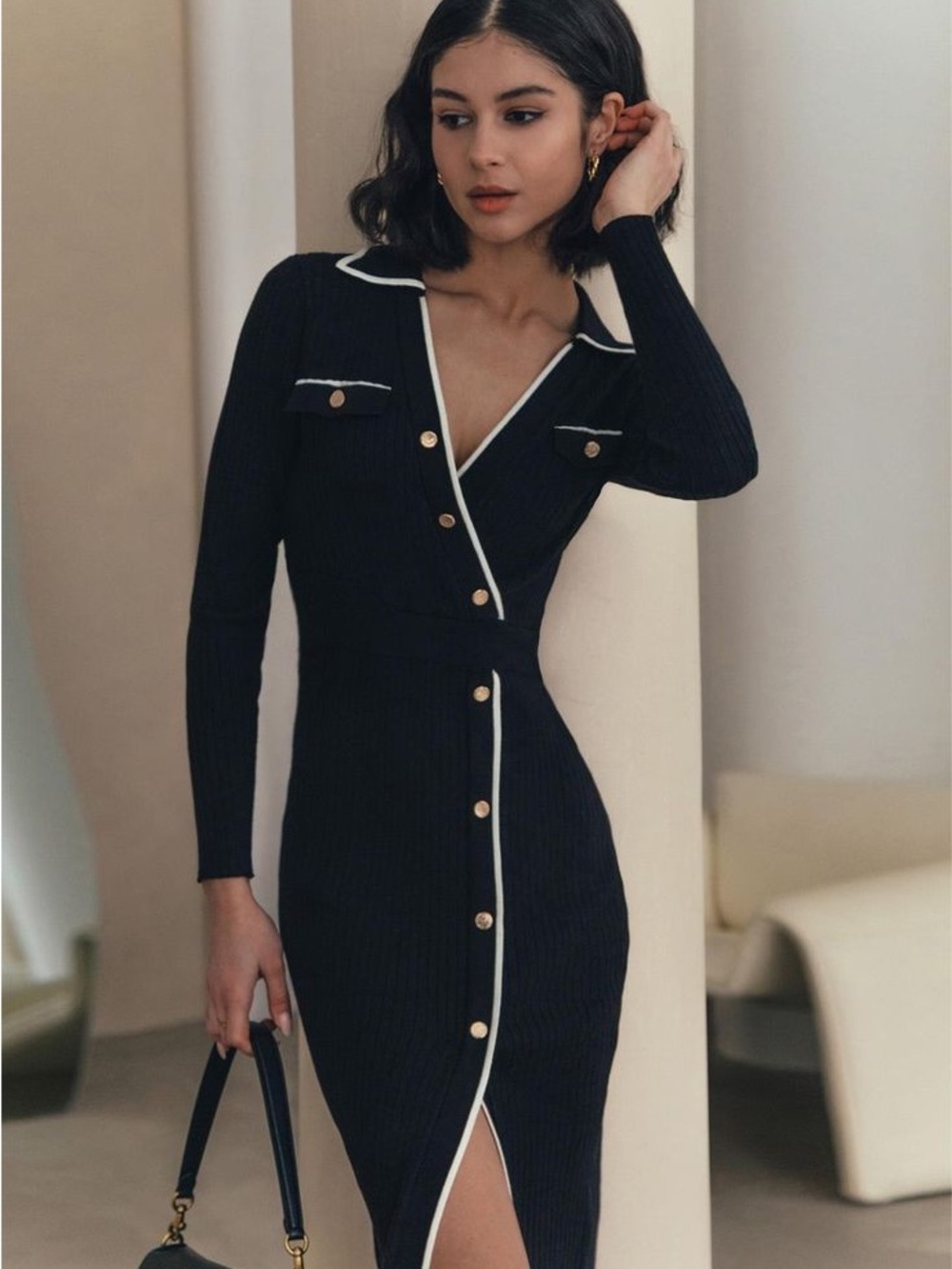 Elegant Black Ribbed Button-Front Midi Dress with White Trim